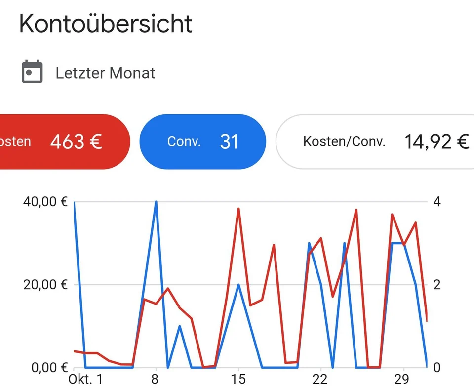 Google-Ads-Kontoübersicht für den letzten Monat: 463 Euro Kosten, 31 Conversions, 14,92 Euro je Conversion, dazu ein Verlauf über den Monat