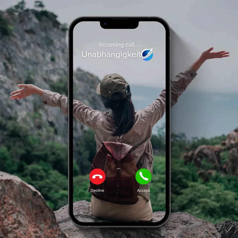 Smartphone mit eingehendem Anruf „Unabhängigkeit“ – Grafik von Startpilot Marketing