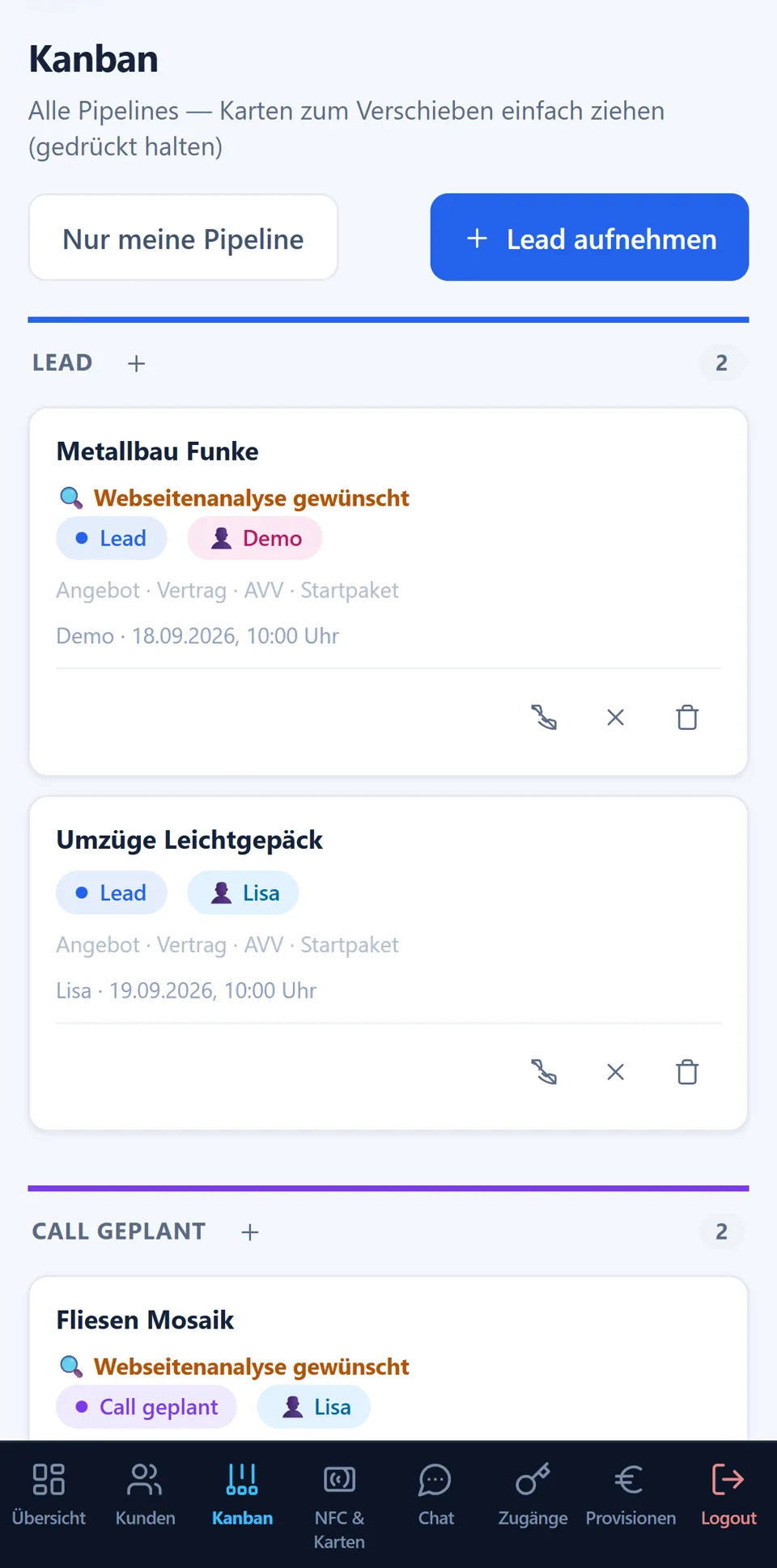 Kanban-Ansicht des CRM auf dem Handy mit Beispieldaten