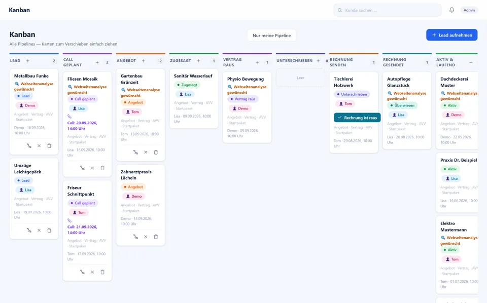 Kanban-Ansicht aus dem CRM von Startpilot Marketing mit Beispieldaten: Anfragen wandern von Lead über Angebot bis Aktiv