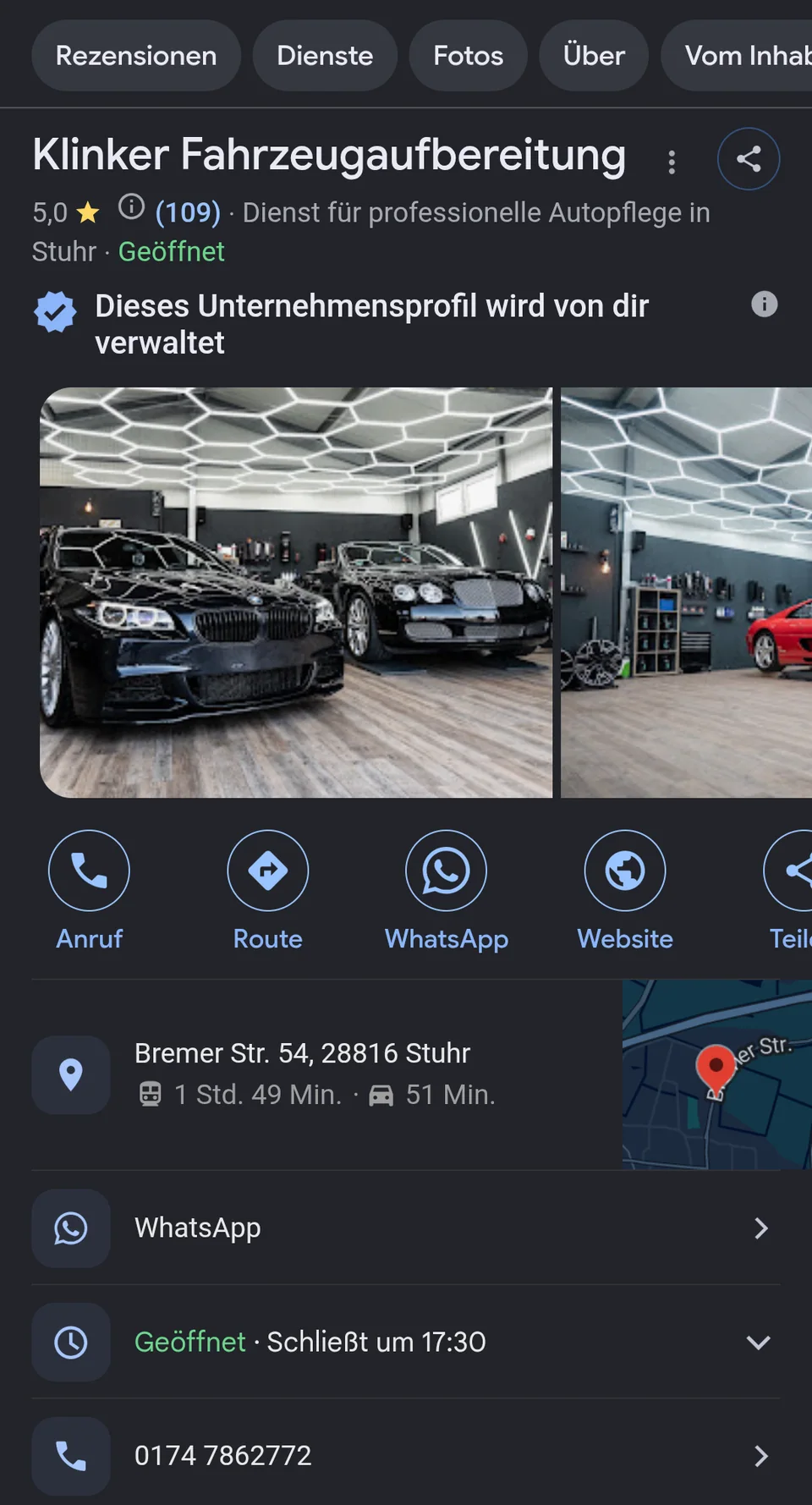 Google-Unternehmensprofil von Klinker Fahrzeugaufbereitung auf dem Handy: 5,0 Sterne bei 109 Bewertungen, Fotos, Öffnungszeiten und Schaltflächen für Anruf, Route und WhatsApp