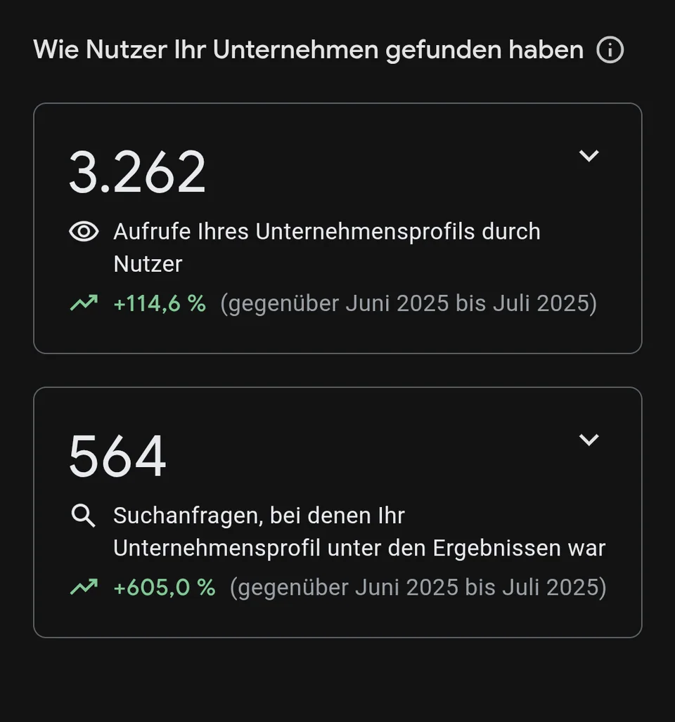 Statistik aus dem Google-Unternehmensprofil: 3.262 Aufrufe des Profils und 564 Suchanfragen, in denen das Profil unter den Ergebnissen war