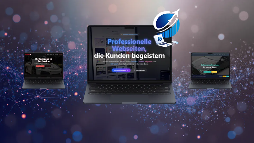 Grafik mit KI-generierten Elementen: Drei Laptops mit Webseiten, die Startpilot Marketing gebaut hat